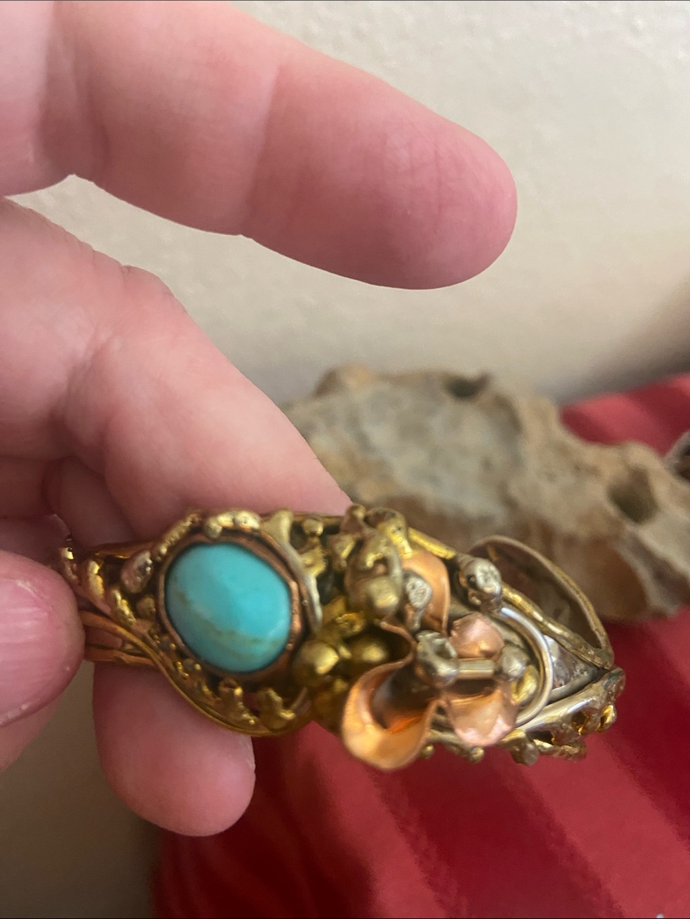 Vintage 80s Hammered Mix Metals & Turquoise Stone Cuff Bracelet - Picture 9 of 9